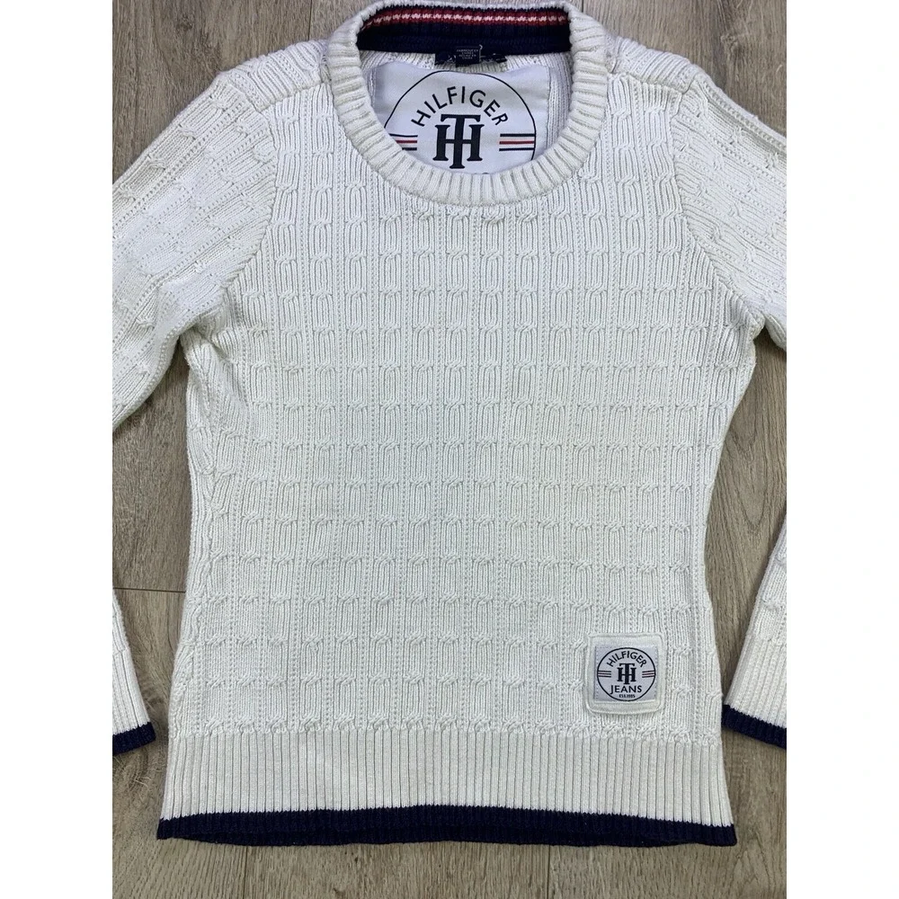 Tommy Hilfiger Sweater Womens Med White Cable Knit Cotton Classic Preppy‎ Tennis